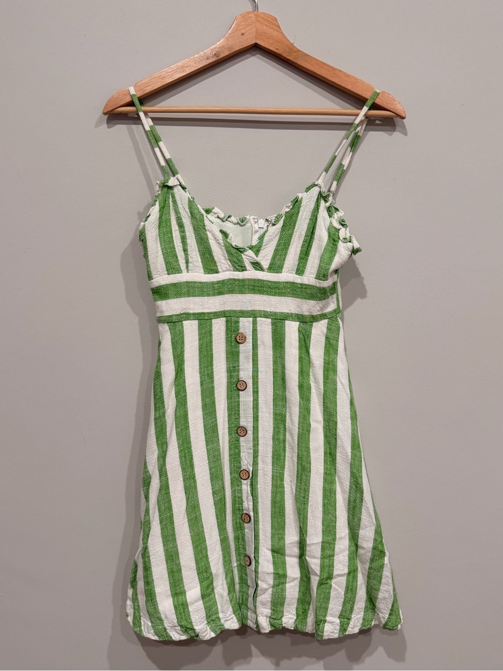 Lulus - Linnea Green and White Striped Ruffled Button Front Dress - Size: S - Picture 5 of 10